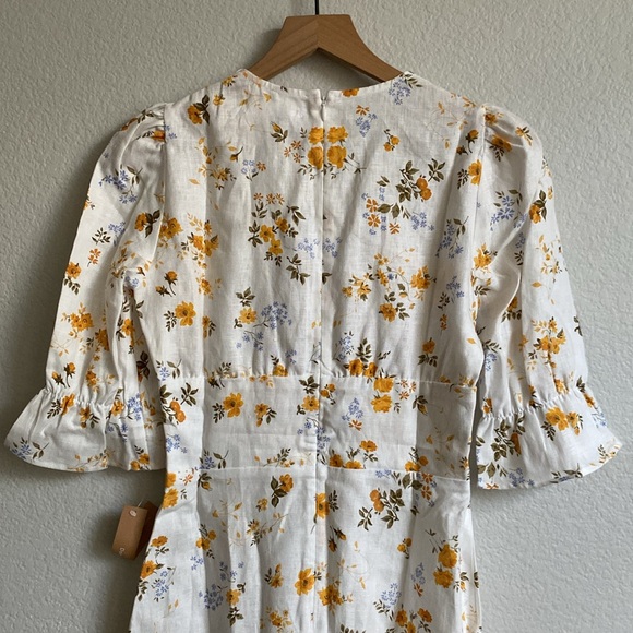 Reformation Maribel Linen Midi Floral Dress Puff Short Sleeves V Neck Tansy 4 - Picture 6 of 14